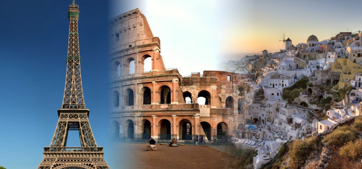 Europe: Eiffel Tower, Colosseum, Oia, Greece