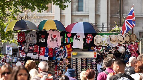A tourist stall selling various London and United Kingdom related souvenirs on the edge of Trafalgar Square on the Strand