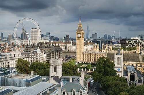 View of London showing the London Eye, the Palace of Westminster, and The Shard