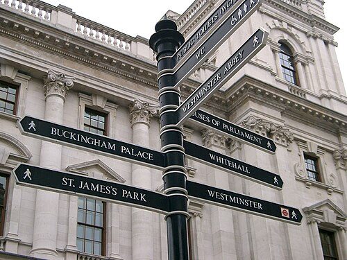 A signpost on Parliament Square with directions for nearby attractions