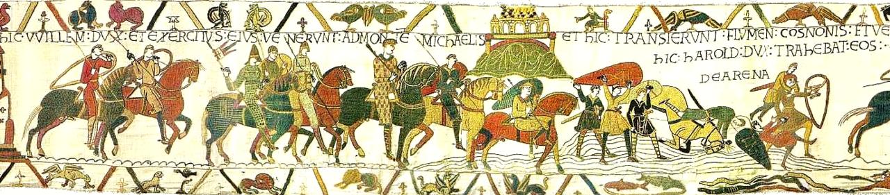 Bayeux Tapestry scenes 16 and 17: William and Harold at Mont-Saint-Michel (at top centre), Harold rescuing knights from quicksand.