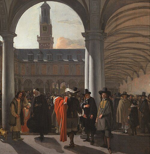 Courtyard of the Amsterdam Stock Exchange by Emanuel de Witte, 1653. The Amsterdam Stock Exchange was the first stock exchange to introduce continuous trade in the early 17th century.[49]