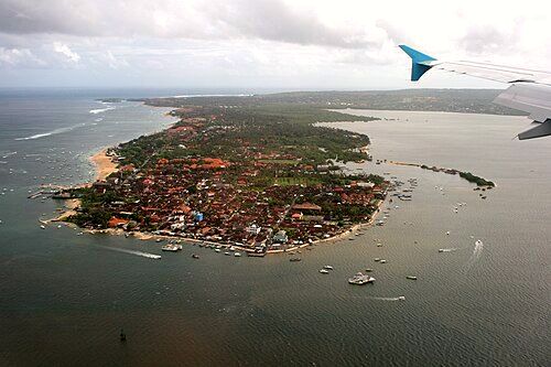 The peninsula of Tanjung Benoa, with the village of Benoa in the foreground and Nusa Dua in the background
