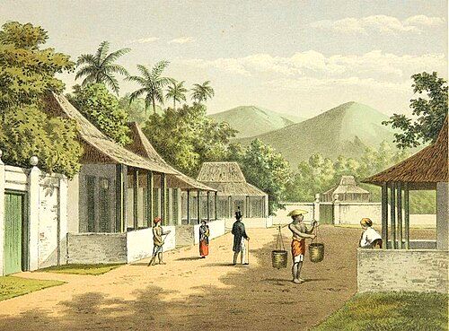 Lithograph of a street view in Ambon (1880s)