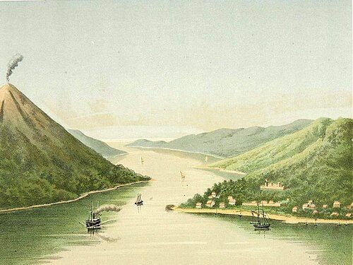 View of Bandanaira (lithograph based on a painting by Josias Cornelis Rappard, 1883–1889)