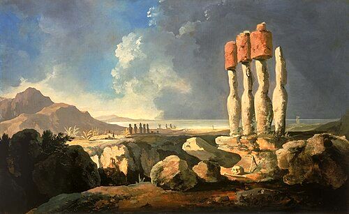 A View of the Monuments of Easter Island, Rapanui, c. 1775–1776 by William Hodges.[37]