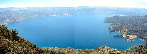 Panorama view of the lake as seen from the top of Volcán San Pedro, or from the top towards the bottom of the satellite photo on the top of this page