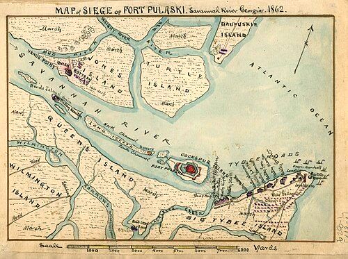 Robert K. Sneden map showing Union batteries on Tybee Island