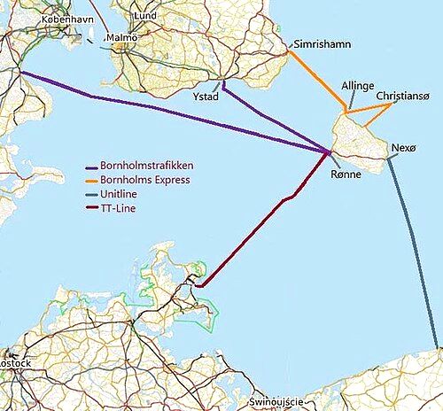 Ferry routes to and from Bornholm