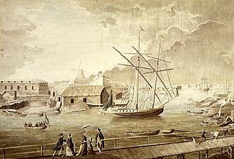 A pojama flying the blue naval ensign of the Swedish archipelago fleet in Artilleriviken (Tykistölahti); painting by Adolf Geete, 1760