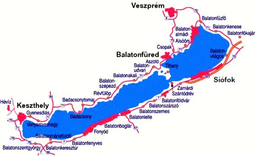 Towns and villages alongside Lake Balaton.