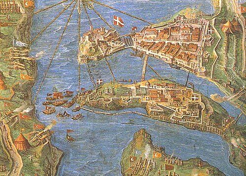 The Ottoman army bombs the Knights' Three Cities from the peninsula of Sciberras during the 1565 Great Siege.