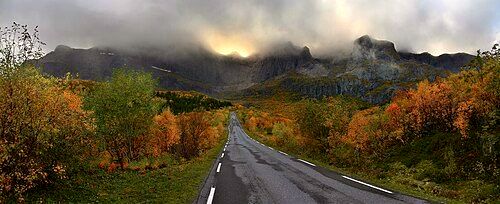 A mountain massif of Flakstadøya island backgrounding the road to Nusfjord village