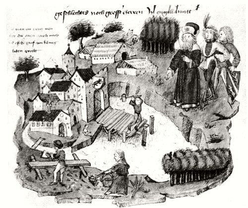 Construction of the Untertorbrücke (Lower Gate Bridge) in Bern, Tschachtlanchronik, late 15th century