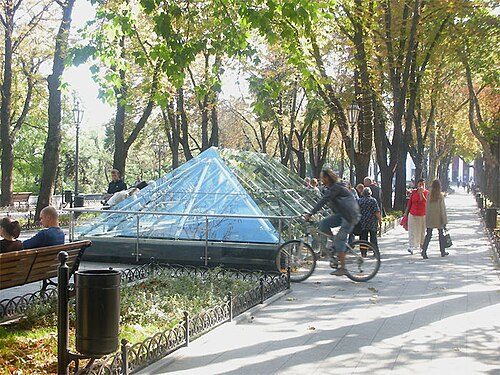 The remains of an ancient Greek settlement (under the glass roof) on Prymorskyi Boulevard in Odesa[36]