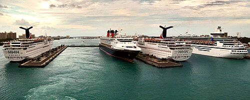 Prince George Wharf in Nassau Harbour. Ships from left to right are Carnival Fascination, Disney Magic, Carnival Sensation, and Majesty of the Seas.