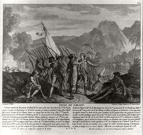 French attack on the British island of Tobago in 1781 with text. French painting from 1784.