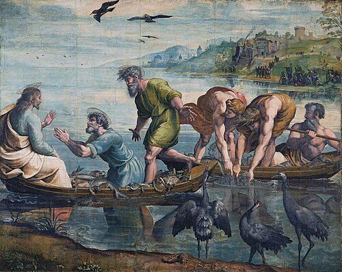 Jesus and the miraculous catch of fish, in the Sea of Galilee. Many people in Roman-era Galilee were fishermen.[25]