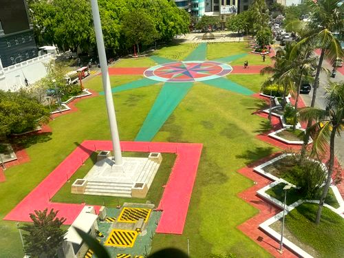 This is one of the main "Maizaan's" or squares in Malé city where the National flag bastion stands. The Republic Square or Jumhooree Maidhaan is one of the main landmarks of the city - in front of the Bandaara Koshi or Defence force headquarters