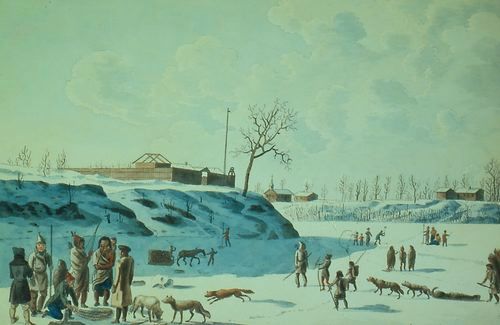 An 1821 painting of winter fishing on the ice of the Assiniboine and Red rivers. Fort Gibraltar was erected in 1809.
