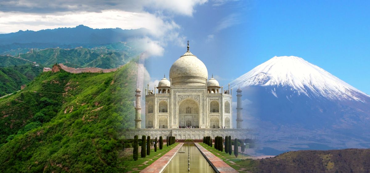 Asia: Great Wall of China, Taj Mahal, Mount Fuji
