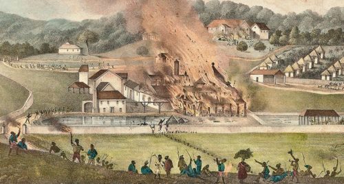 A plantation set alight during the Baptist War of 1831–32