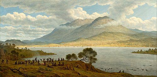 John Glover's 1834 painting Mount Wellington and Hobart Town from Kangaroo Point depicts Aboriginal Tasmanians dancing in the foreground. By this stage however, Aboriginal people had been forcibly exiled from the area following the Black War.