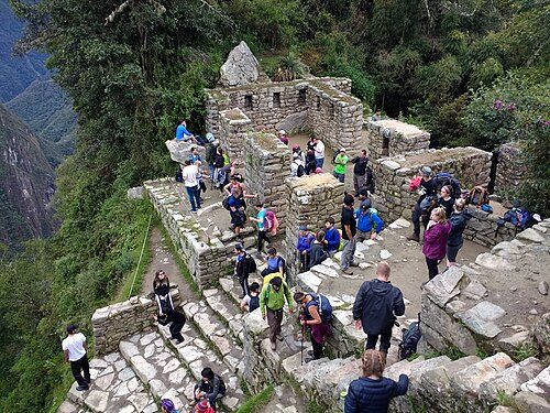 Tourists and guides at Inti Punku