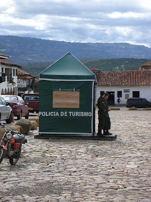 Tourism Police, a unit of the Colombian National Police deployed to tourist areas to improve security. Here in the town of Villa de Leyva.