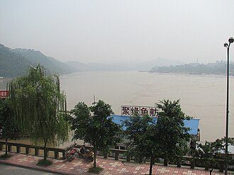 The Yangtze at the confluence of the Min and Jinsha Rivers.  Below Yibin, the Yangtze is known in Chinese as Chang Jiang or the "Long River".  Above Yibin, the Yangtze is known as the Jinsha or Gold Sands River.
