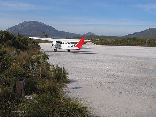 A tourist plane prepares for take-off from the Melaleuca Airstrip in the South West Wilderness of Tasmania