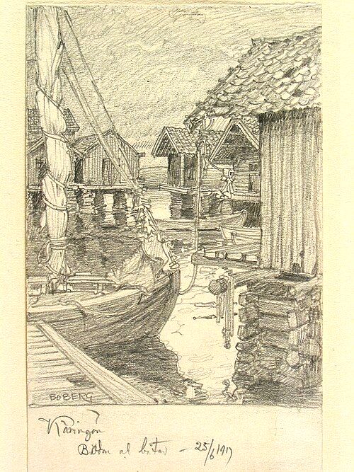 Small fishing huts on Käringön in the Bohuslän archipelago. Drawn by Ferdinand Boberg in 1917.