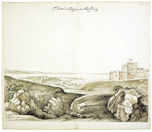 Drawing of the castle, fort and harbor of Gorée from the Atlas Blaeu-Van der Hem.