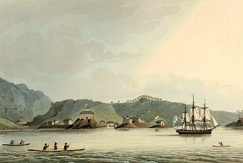 The Russian sloop of war Neva visits Kodiak, Alaska in 1805