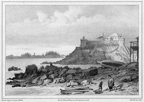 Gajaa Héen (Old Sitka), c. 1827. The new Russian palisade atop "Castle Hill" (Noow Tlein) that surrounded the Governor's Residence had three watchtowers, armed with 32 cannons, for defense against Tlingit attacks.