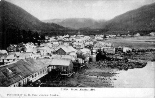 Looking past downtown Sitka, up Indian River valley, in an 1886 postcard. Probably taken from Castle Hill.