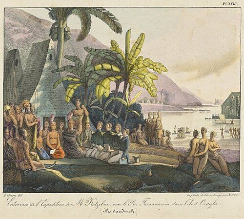 King Kamehameha's court at Kailua-Kona, receiving Otto von Kotzebue in 1816