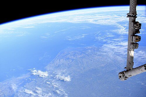 View from the International Space Station in 2019 (north is in the lower left of the photo)