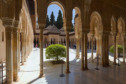 The Court of the Lions (Patio de los Leones) in the Alhambra complex, in Granada.