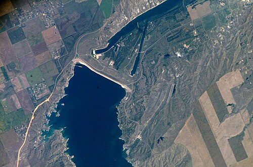 Photograph of the Oahe Dam, several miles north of Pierre, taken from the International Space Station (ISS)