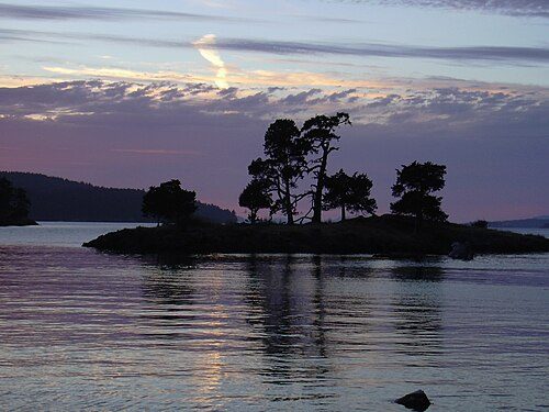 Battleship Island at night looking south towards Henry Island and the Haro Straight